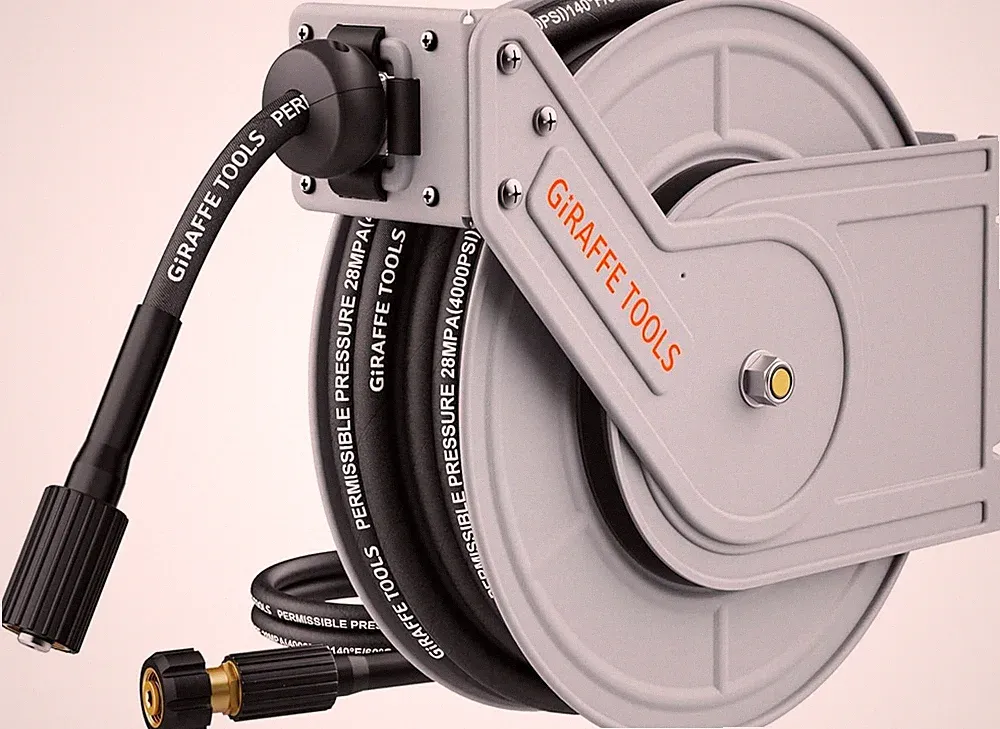Giraffe Tools 1/4" x 60 ft Retractable Pressure Washer Hose Reel, 4000PSI Hose