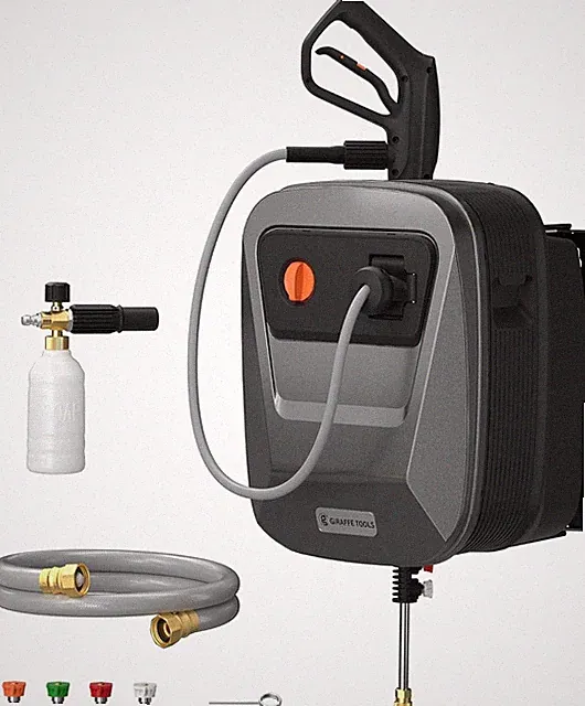 Giraffe Tools 65FT Wall Mount Pressure Washer G20, Dark Silver, Grey Hose
