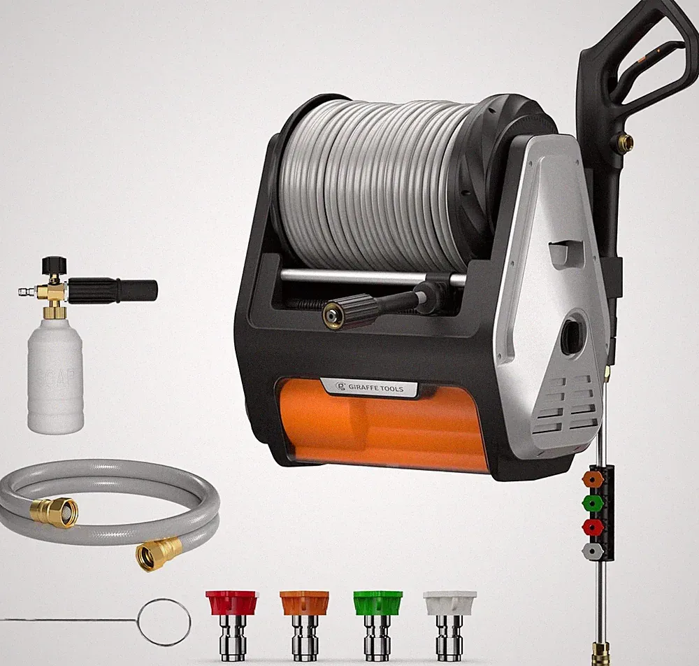 Grandfalls Pressure Washer Pro w/ 100 FT Hose Light Silver Wall Mount