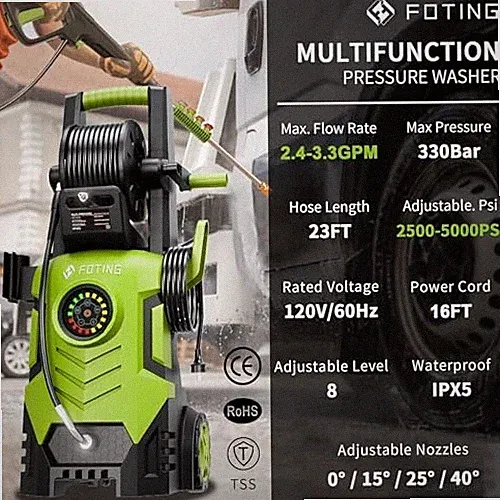 GREEN - FOTING PRESSURE WASHER 5000PSI WITH ADJUSTABLE TOUCH SCREEN 8 LEVEL, 34"