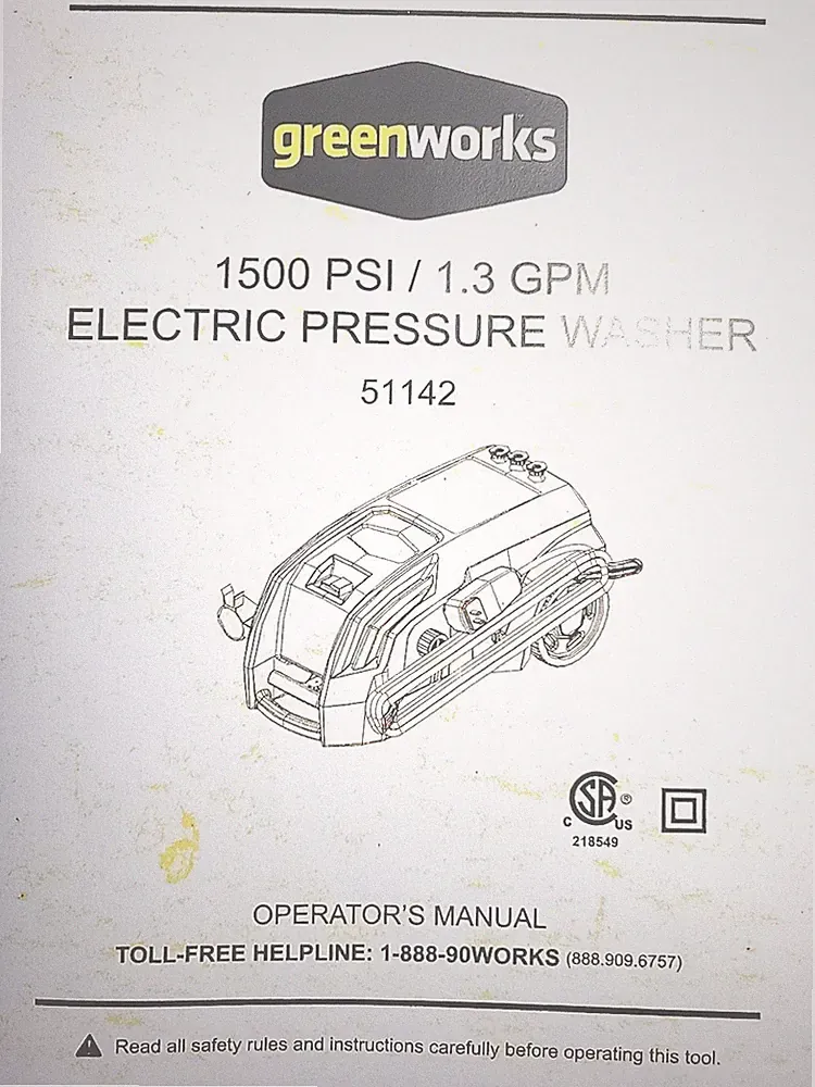 Greenworks 1500 psi 1.3 gpm Electric Pressure Washer 51142 Owner & Parts Manual