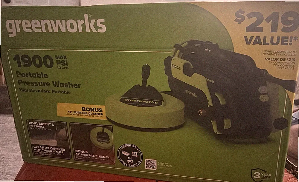 GreenWorks 1900 PSI Portable Pressure Washer Turbo Nozzle + 12" Surface Cleaner