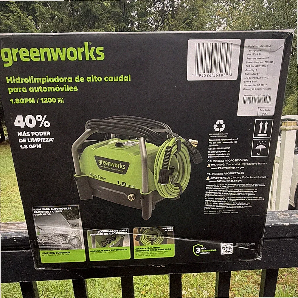 Greenworks GPW1200 1200 PSI 1.8 GPM Pressure Washer w/ Foam Cannon, Hose