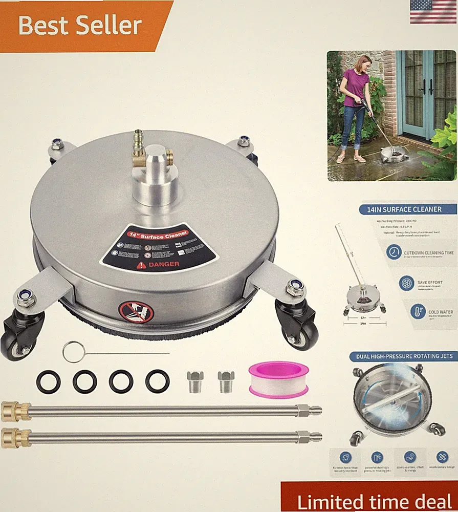 Heavy-Duty 14" Pressure Washer Surface Cleaner - Fast & Effective Cleaning