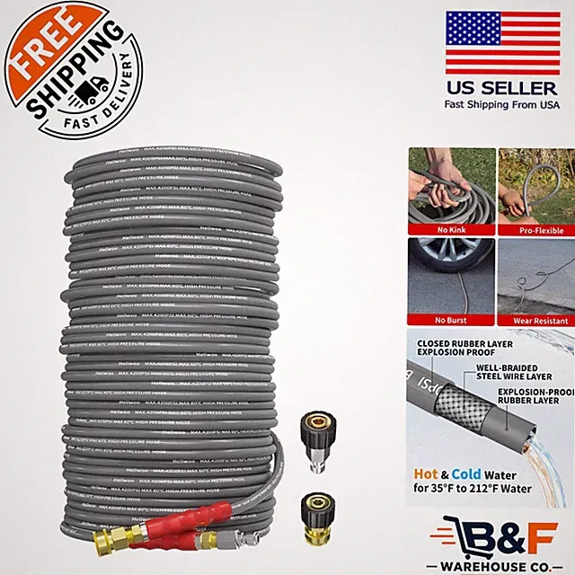 Heavy-Duty 150FT Rubber Steel Braided Pressure Washer Hose, 4200PSI Max Pressure