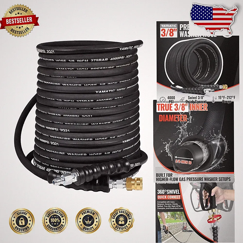 Heavy Duty 3/8" Pressure Washer Hose 50FT - 4500 PSI, Brass Swivel, Hot Water