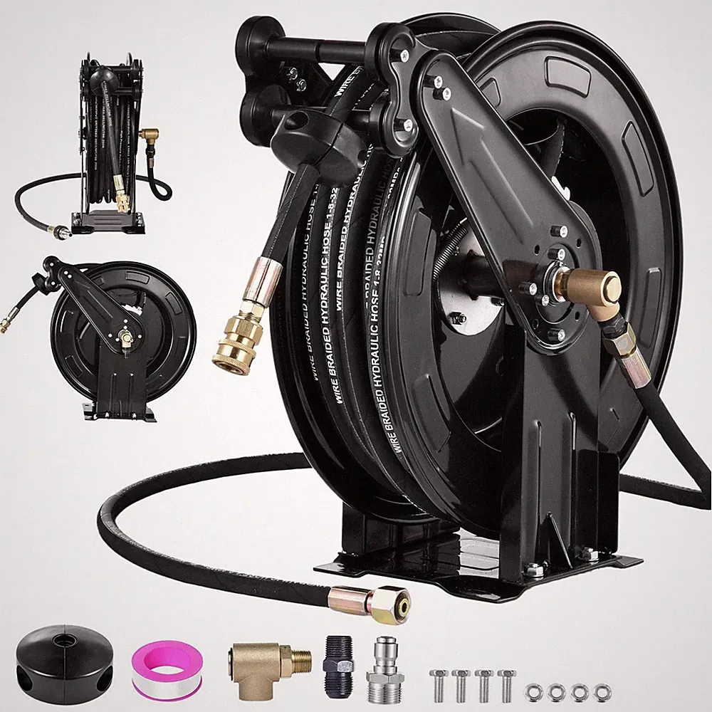 Heavy Duty 3/8" x 50 ft Retractable Pressure Washer Hose Reel, 4000PSI Hose