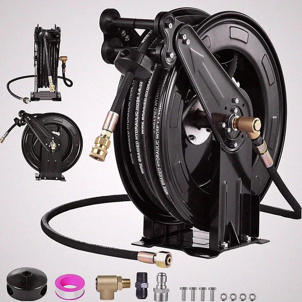 Heavy Duty 3/8" x 50 ft Retractable Pressure Washer Hose Reel, 4000PSI Hose