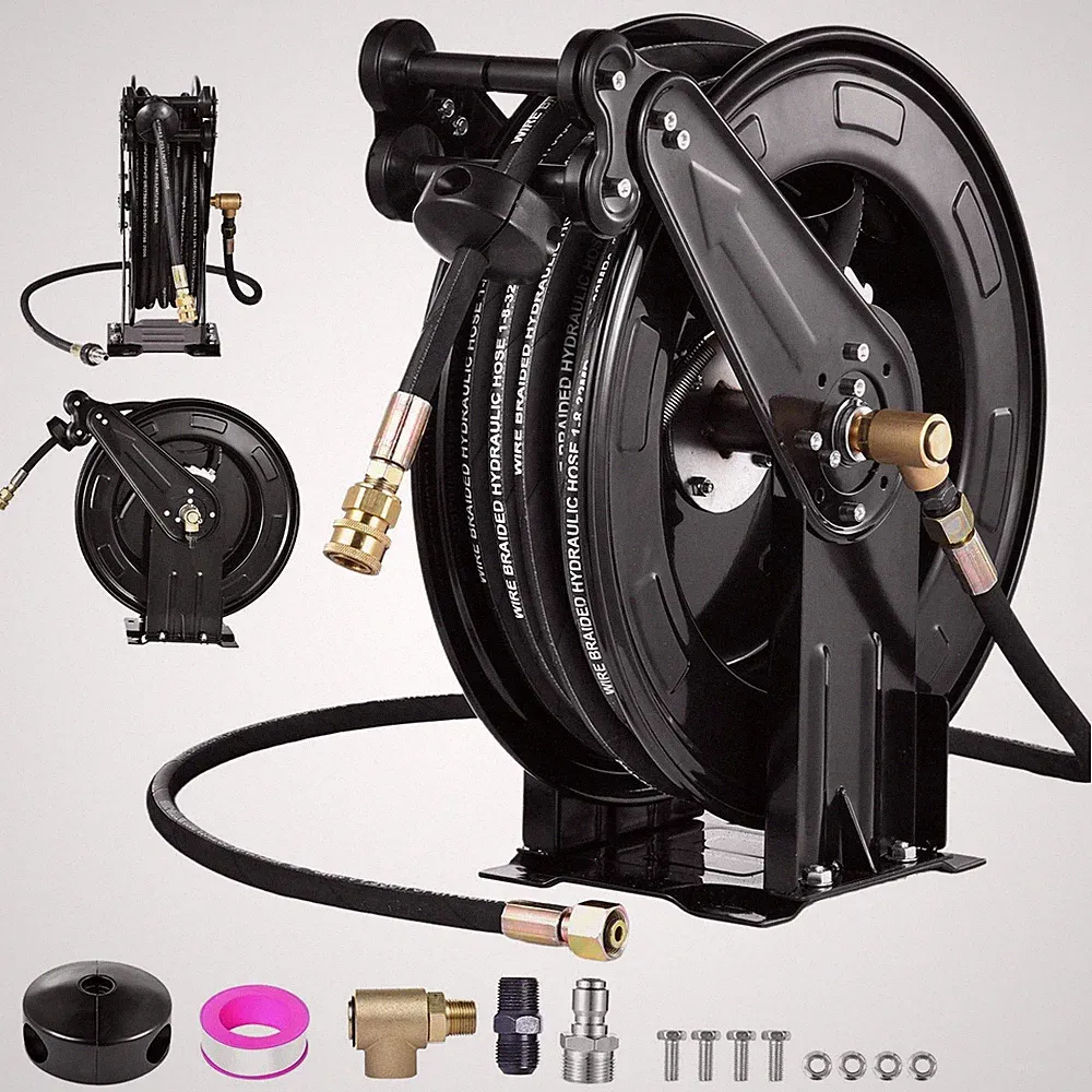 Heavy Duty 3/8" x 50 ft Retractable Pressure Washer Hose Reel, 4000PSI Hose