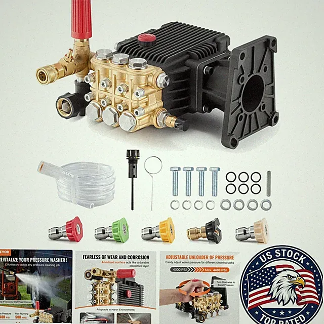 Heavy-Duty 4400 PSI Pressure Washer Pump - 4.4 GPM Triplex Plunger with Nozzles