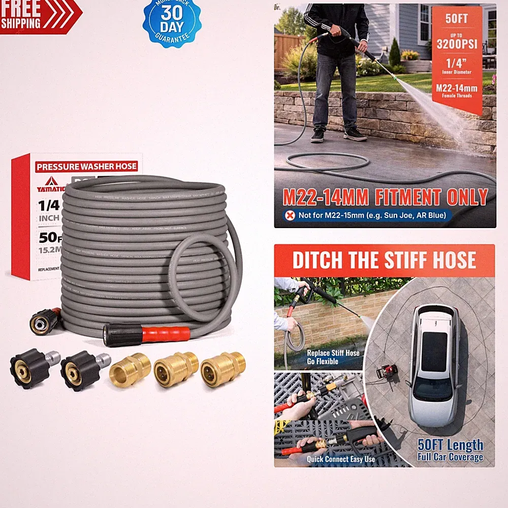 Heavy-Duty 50 FT Pressure Washer Hose with Brass Fittings & Non-Marking Jacket