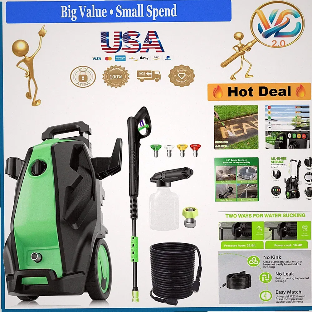 Heavy Duty 5000 PSI Pressure Cleaner 33ft Hose 4 Nozzles & Foam Cannon