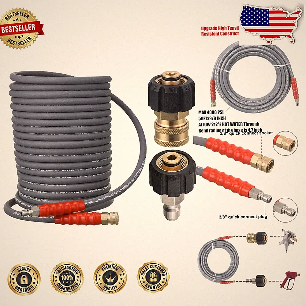 Heavy-Duty 50ft Pressure Washer Hose 3/8" 4000 PSI Hot/Cold Water Rubber