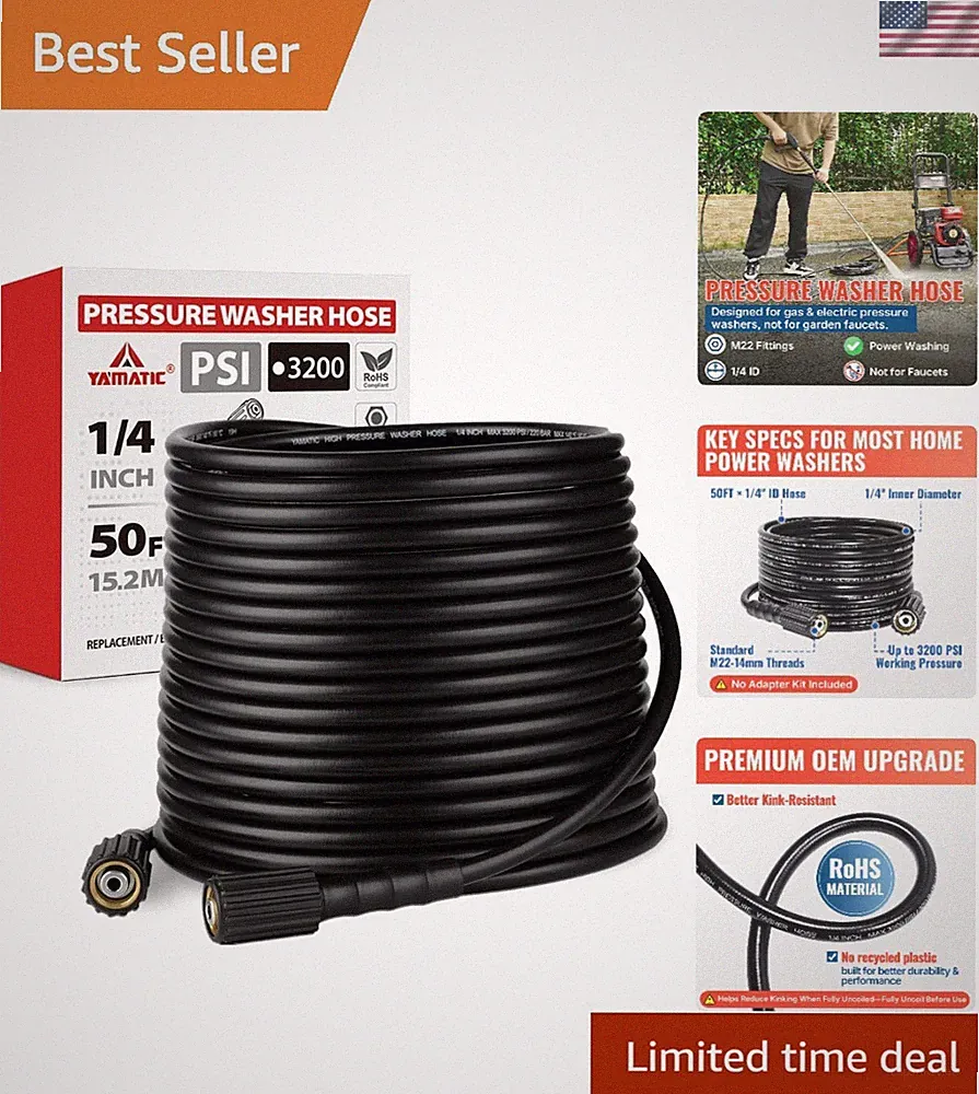 Heavy-Duty 50FT Pressure Washer Hose, 3200 PSI, with M22-14mm Fittings Included