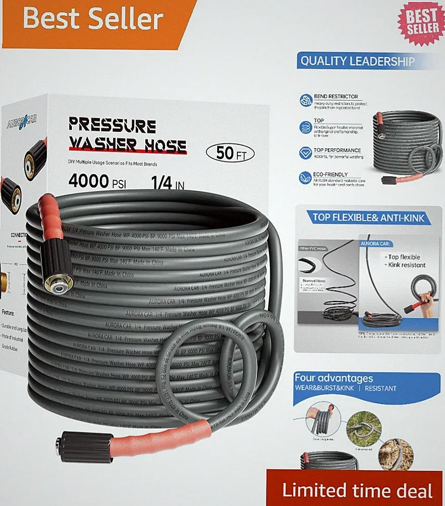 Heavy-Duty 50FT Pressure Washer Hose, Kink Resistant, M22 Fittings - 4000 PSI