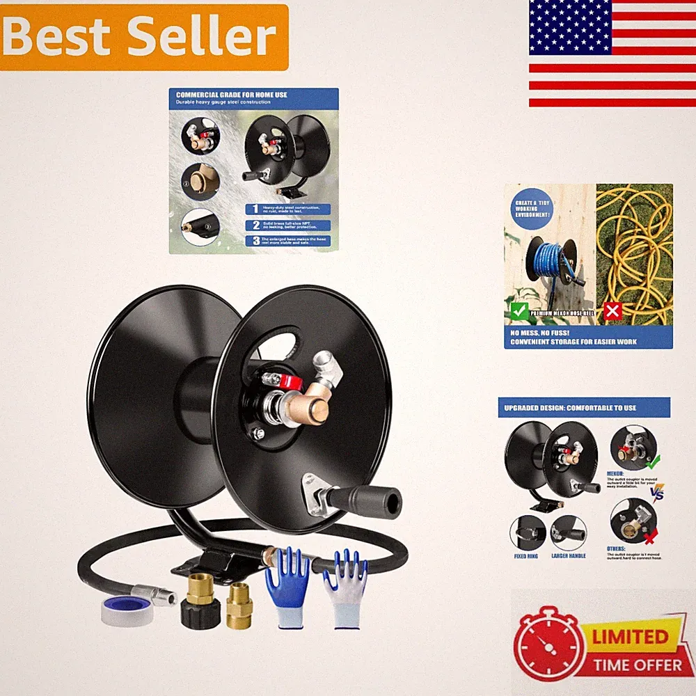 Heavy Duty 50ft Pressure Washer Hose Reel | 4000 PSI Wall-Mounted Convenience