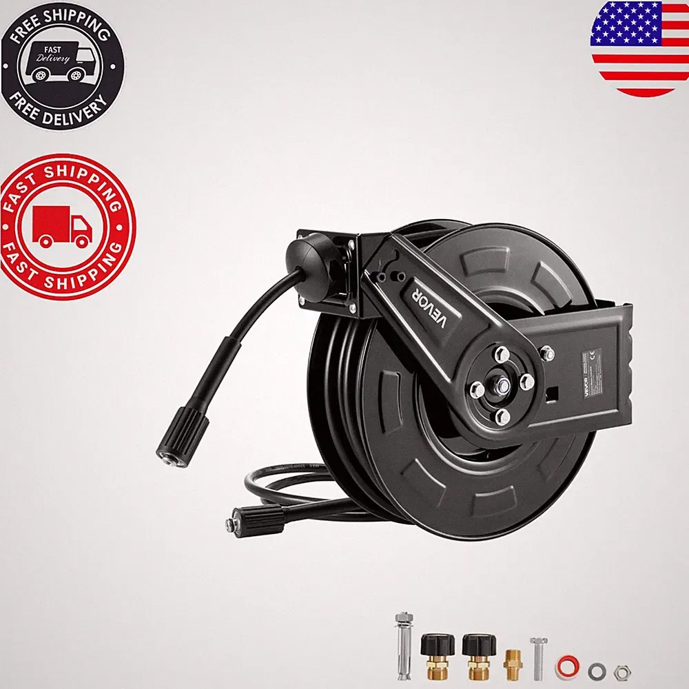Heavy-Duty 60 ft Pressure Washer Hose Reel, 4000 PSI Auto-Rewind for Versatil...