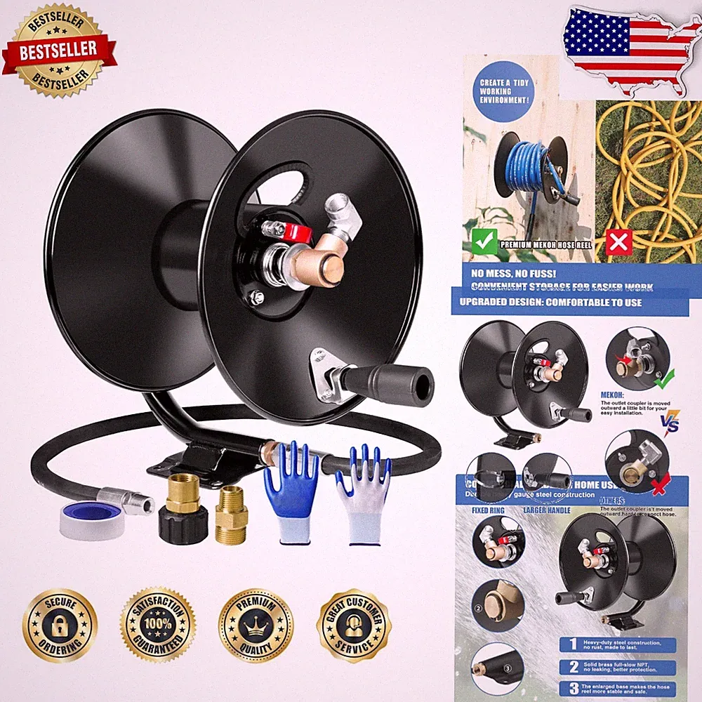 Heavy Duty Metal Pressure Washer Hose Reel - 4000 PSI, M22 Fitting, Wall Mount