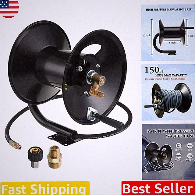 Heavy Duty Pressure Washer Hose Reel 150ft Stainless Steel Brass Swivel