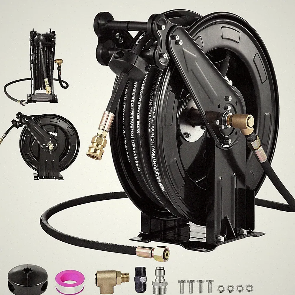Heavy Duty Steel Power Washer Hose Reel Dual Arm, Wall/Floor Mounted, 4000 PSI