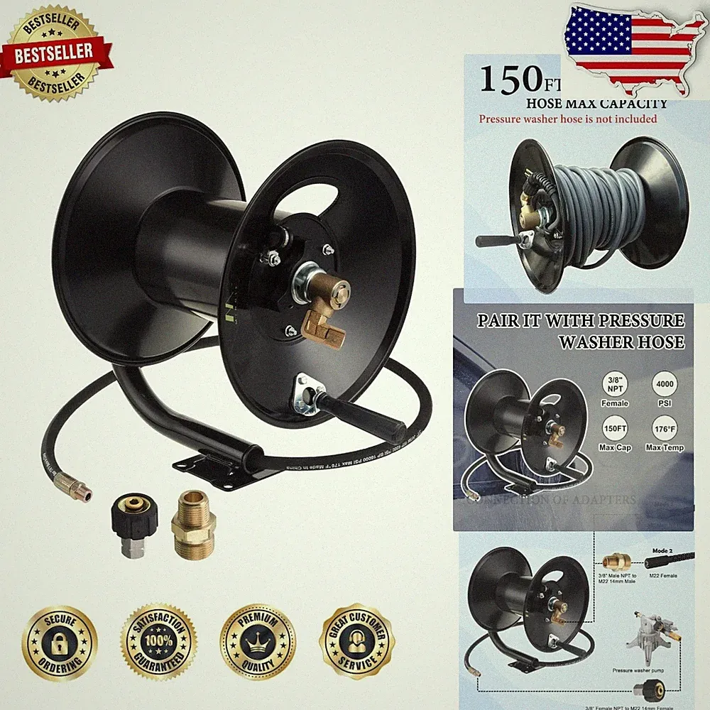 Heavy Duty Steel Pressure Washer Hose Reel 150ft - 4000 PSI Manual Crank Wall...