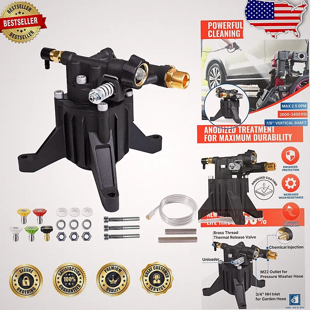 Heavy Duty Vertical Pressure Washer Pump 3400 PSI 2.5 GPM Maintenance-Free