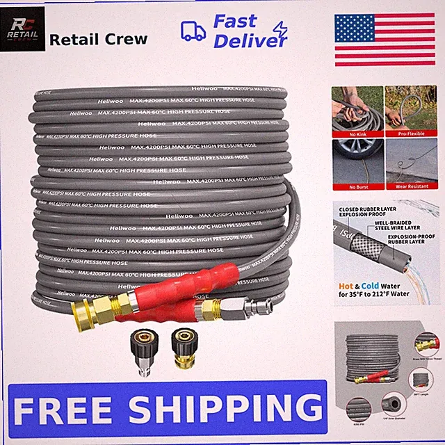 Heliwoo 1/4’’ Pressure Washer Hose 50FT, Steel Wire Biaided Hose 4200PSI | 3/...