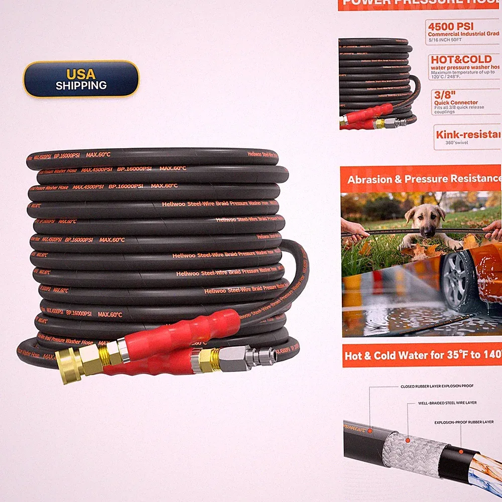 Heliwoo 50FT Pressure Washer Hose 5/16" 4500PSI Steel Wire Braided