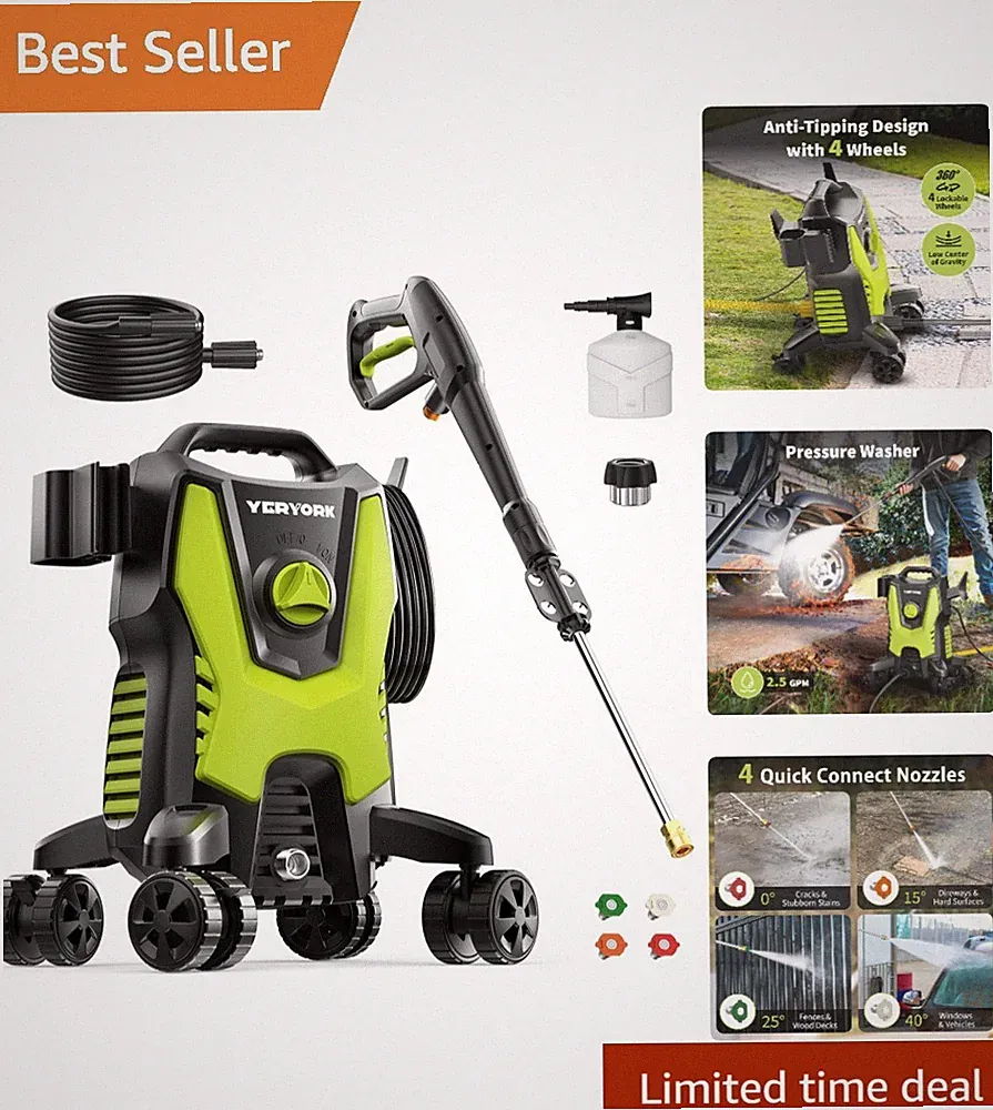 High-Performance 3500 PSI Power Washer with Steel Wand & 4 Quick Connect Nozzles
