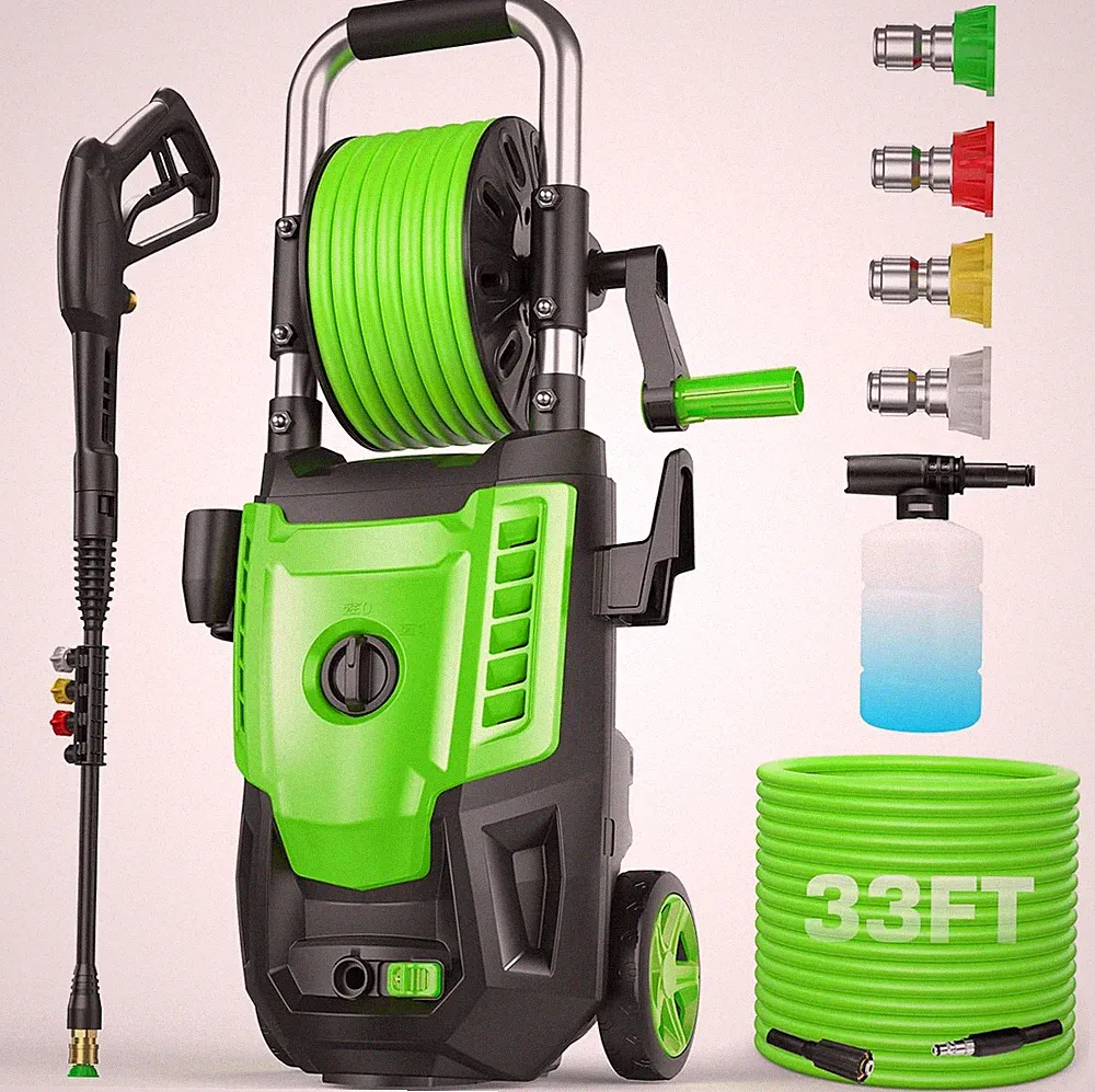 High Power 4800PSI Electric Pressure Washer with Hose Reel & 4 Tips (Green)
