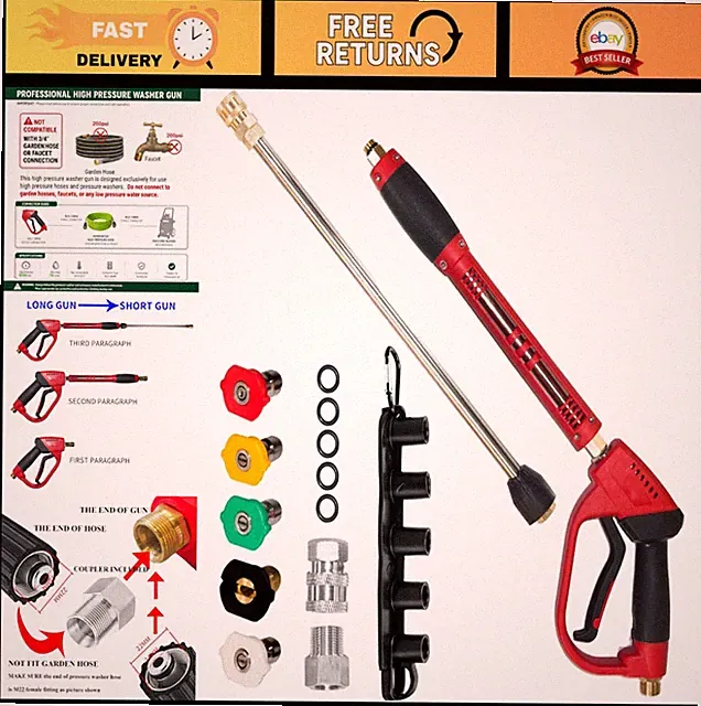 High Power Pressure Washer Gun with 5 Nozzle Tips & Extension Wand, 5000 PSI