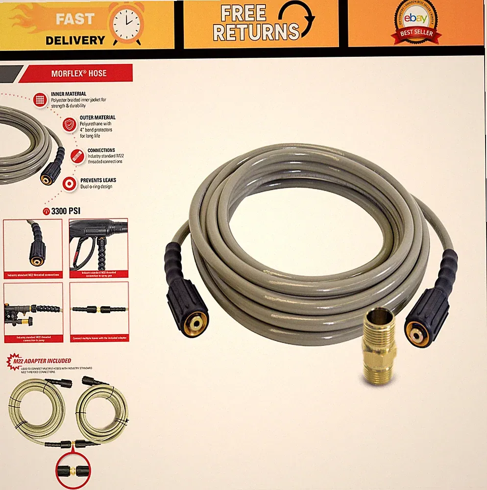 High-Pressure 3300 PSI Pressure Washer Hose, 25ft Cold Water, 1/4" Diameter