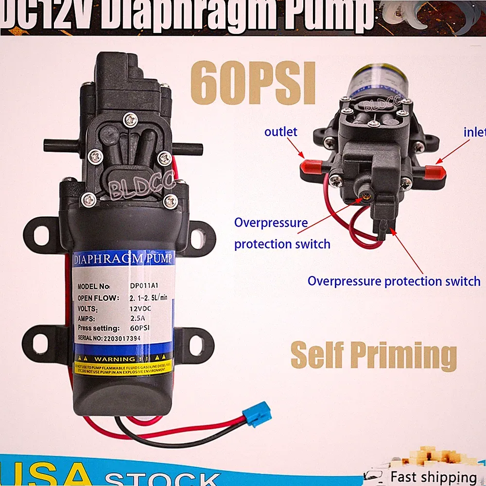 High Pressure 60PSI DC 12V Water Pump Self Priming Sprayer Diaphragm Auto Switch
