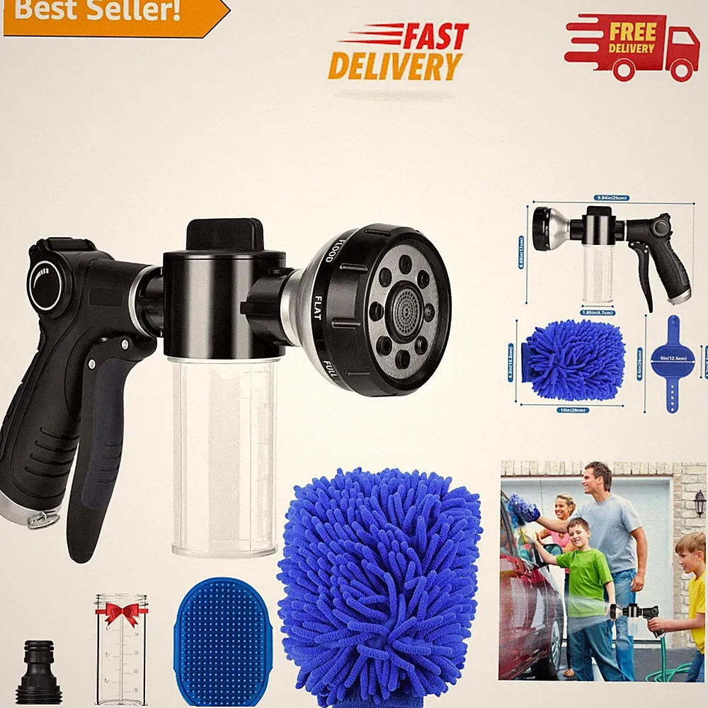 High-Pressure 8-Way Garden Hose Nozzle with Soap Dispenser & Car Wash Gloves