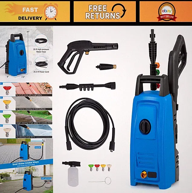 High-Pressure Electric Washer 1900 PSI 1.8 GPM, 4 Nozzles, Foam Bottle, Portable
