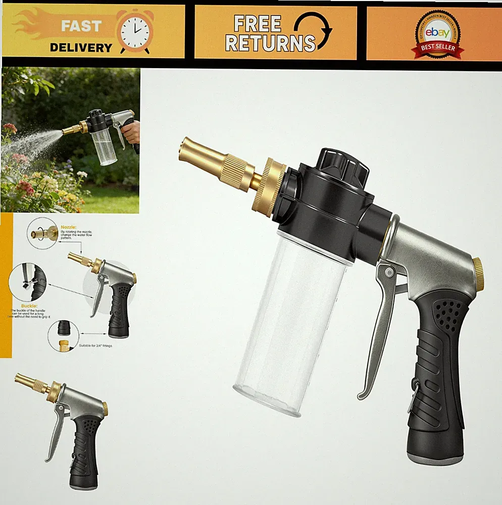 High-Pressure Hose Nozzle with Soap Dispenser, Metal Car Wash Sprayer & Garden W