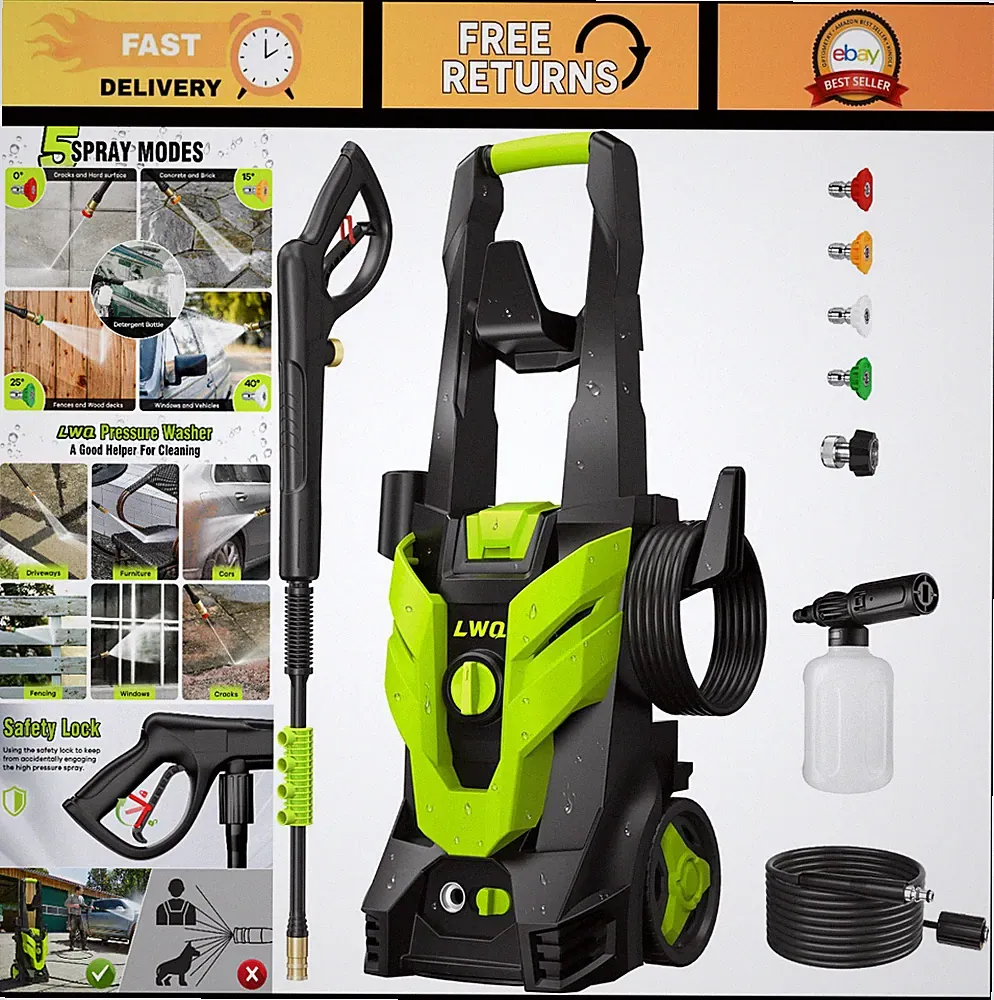 High-Pressure Power Washer with 4 Nozzles & Foam Cannon for Cars, Patios, Drivew