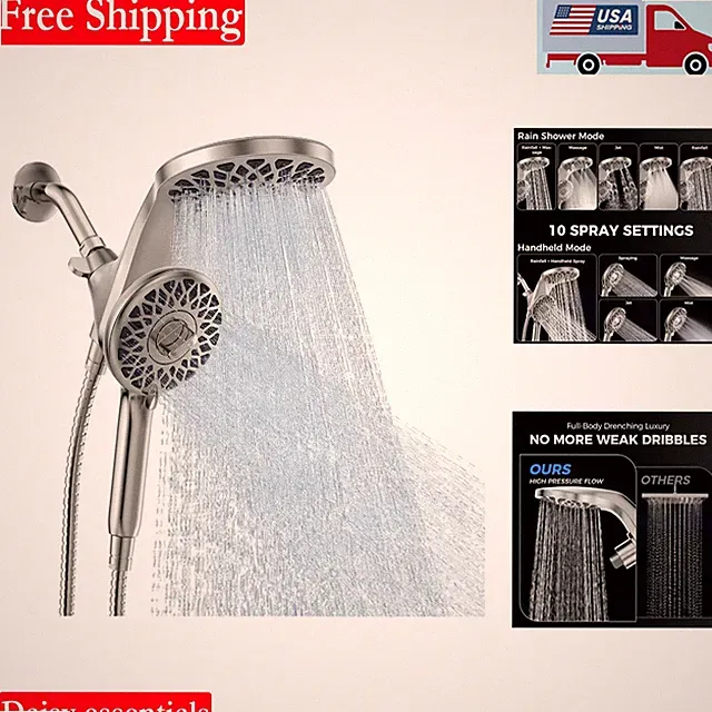 High Pressure Rain Shower Head with Handheld Combo 10 Sprays Brushed Nickel