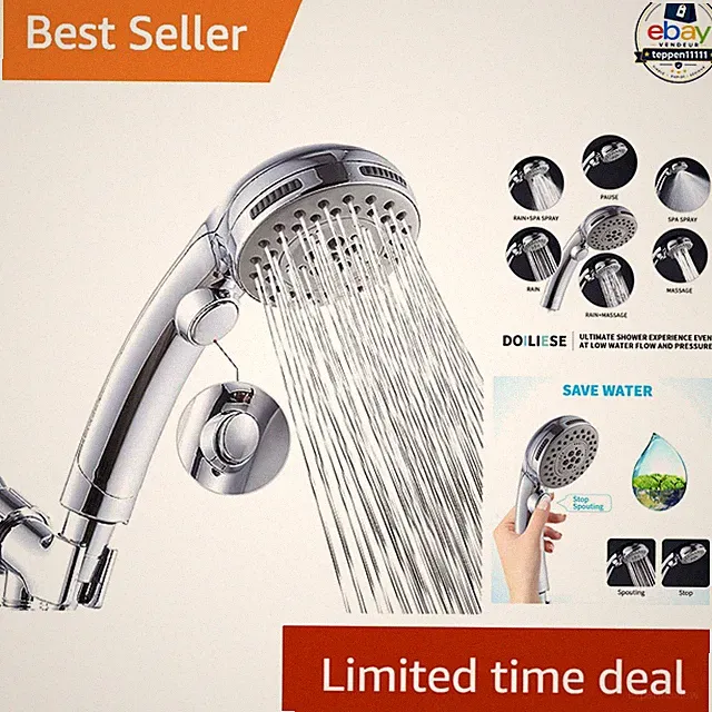 High Pressure Shower Head 6 Settings Handheld Spray Chrome Modern Style