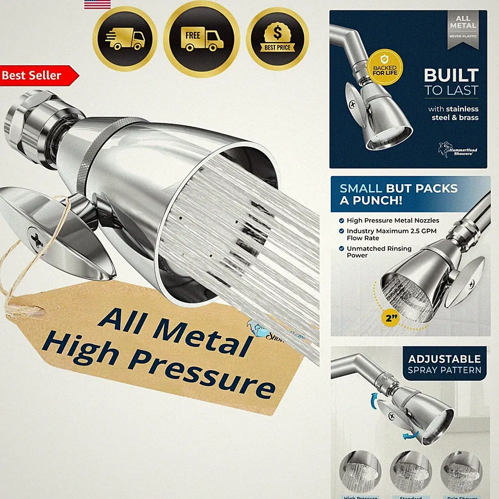 High Pressure Shower Head Chrome 2.5 GPM Fixed Metal Adjustable Spray
