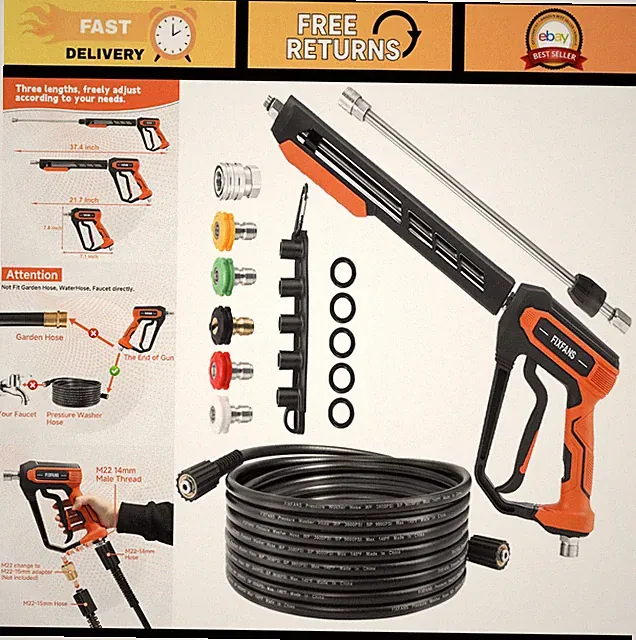 High-Pressure Washer Gun & 25FT Hose Kit, 5 Nozzle Tips, M22 Fitting, Wand Exten