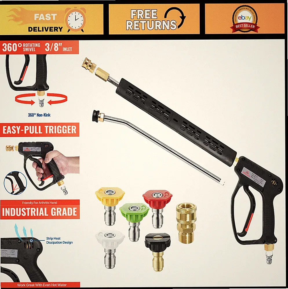 High-Pressure Washer Gun 5000 PSI - 3/8" Swivel Plug, M22 Coupler, Foam Cannon W