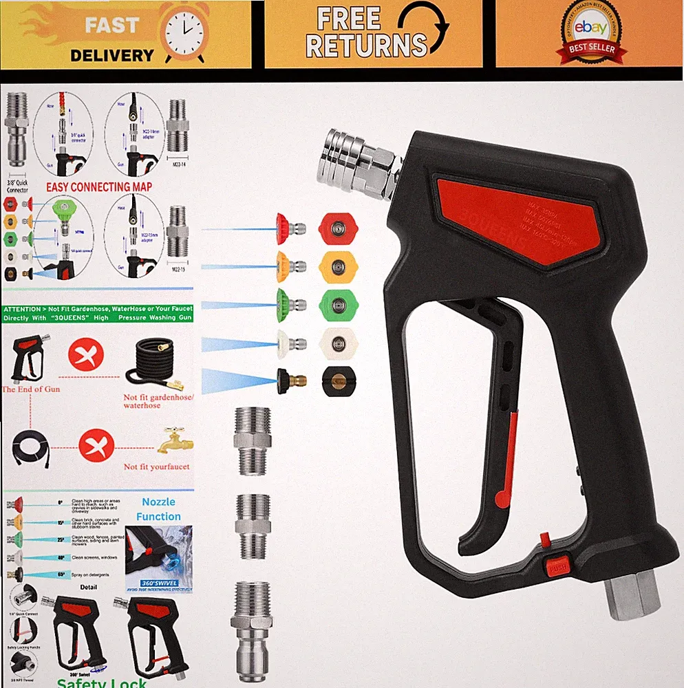 High Pressure Washer Gun 5000 PSI, Heavy Duty Spray Gun with 5 Nozzles & Adapter