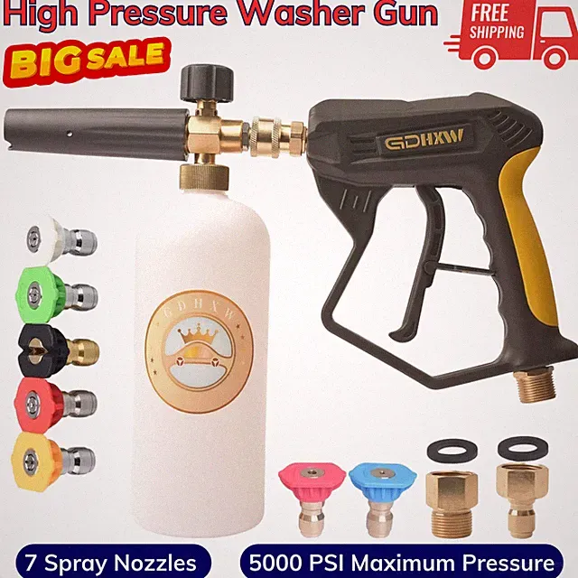 High Pressure Washer Gun Foam Cannon Kit, 7 Nozzles, 2 Adapters, 5000 PSI Max