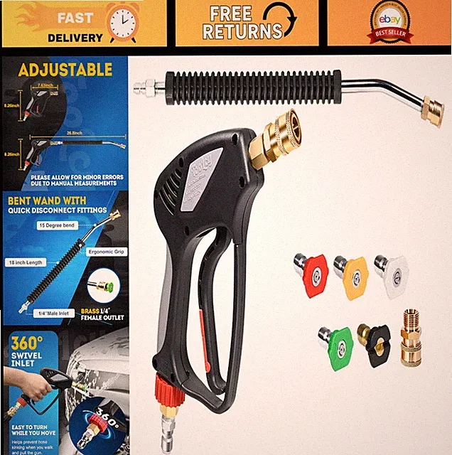 High-Pressure Washer Gun with 18" Curved Wand, 5000 PSI, 360° Swivel, 5 Nozzle T