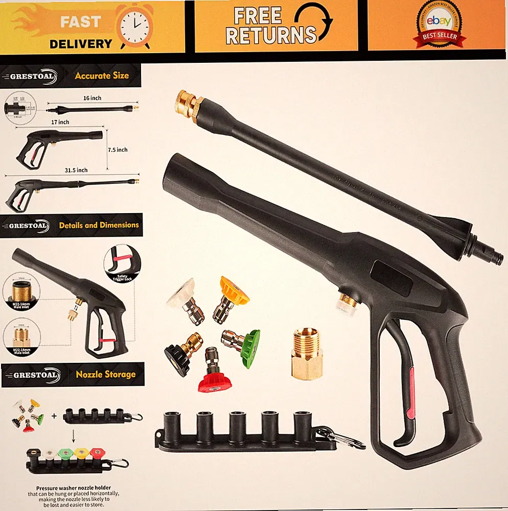 High-Pressure Washer Gun with Extension Wand & 5 Nozzle Tips - 2000 PSI Compatib