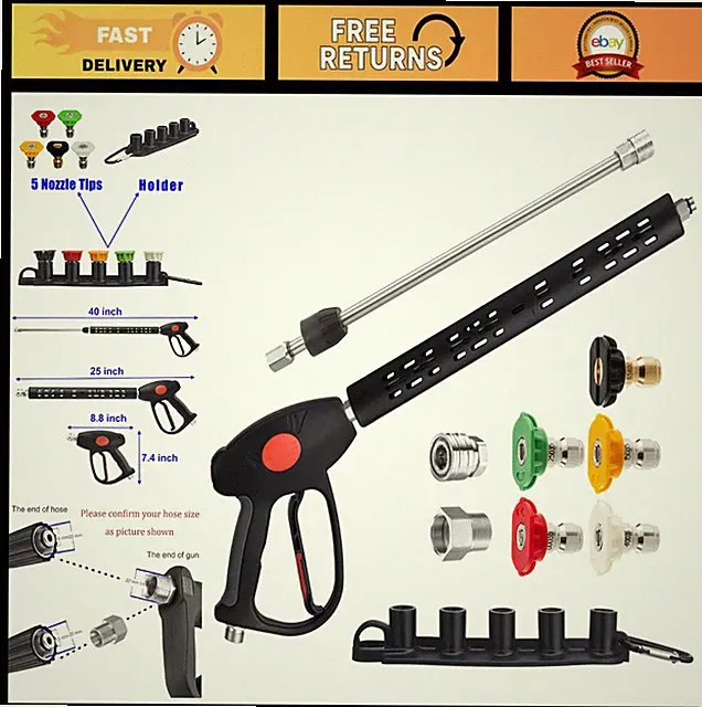 High-Pressure Washer Gun with Extension Wand, M22 Fitting, 5 Nozzle Tips, 4000 P