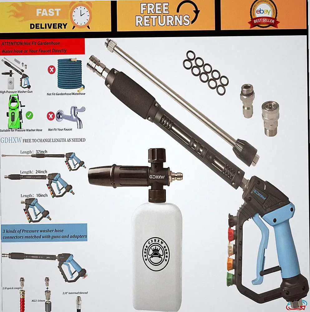 High-Pressure Washer Gun with Foam Cannon, Adjustable Wand, 5 Nozzles, 5000 PSI