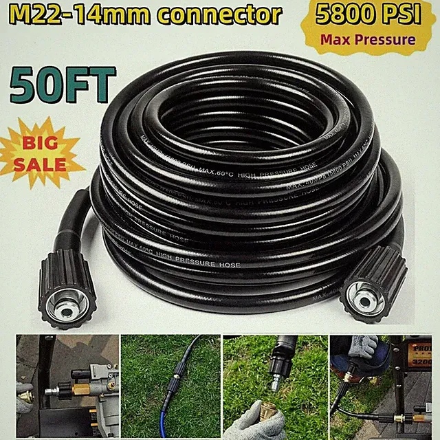 High Pressure Washer Hose 15m/50ft 5800PSI M22-14mm Power Washer Extension Tube
