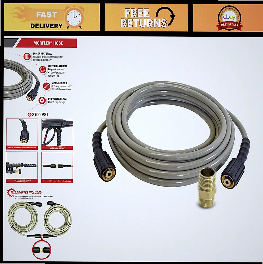 High-Pressure Washer Hose 3700 PSI, 25ft Cold Water, 5/16" Diameter, Durable & F